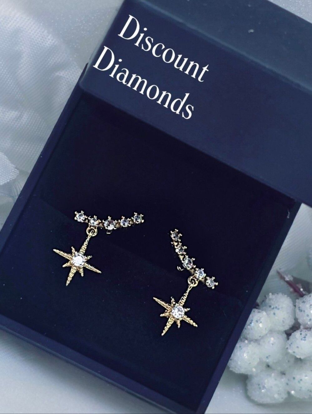 Clear White Baguette Sparkling Star Diamond Earrings 14K Yellow Gold on 925